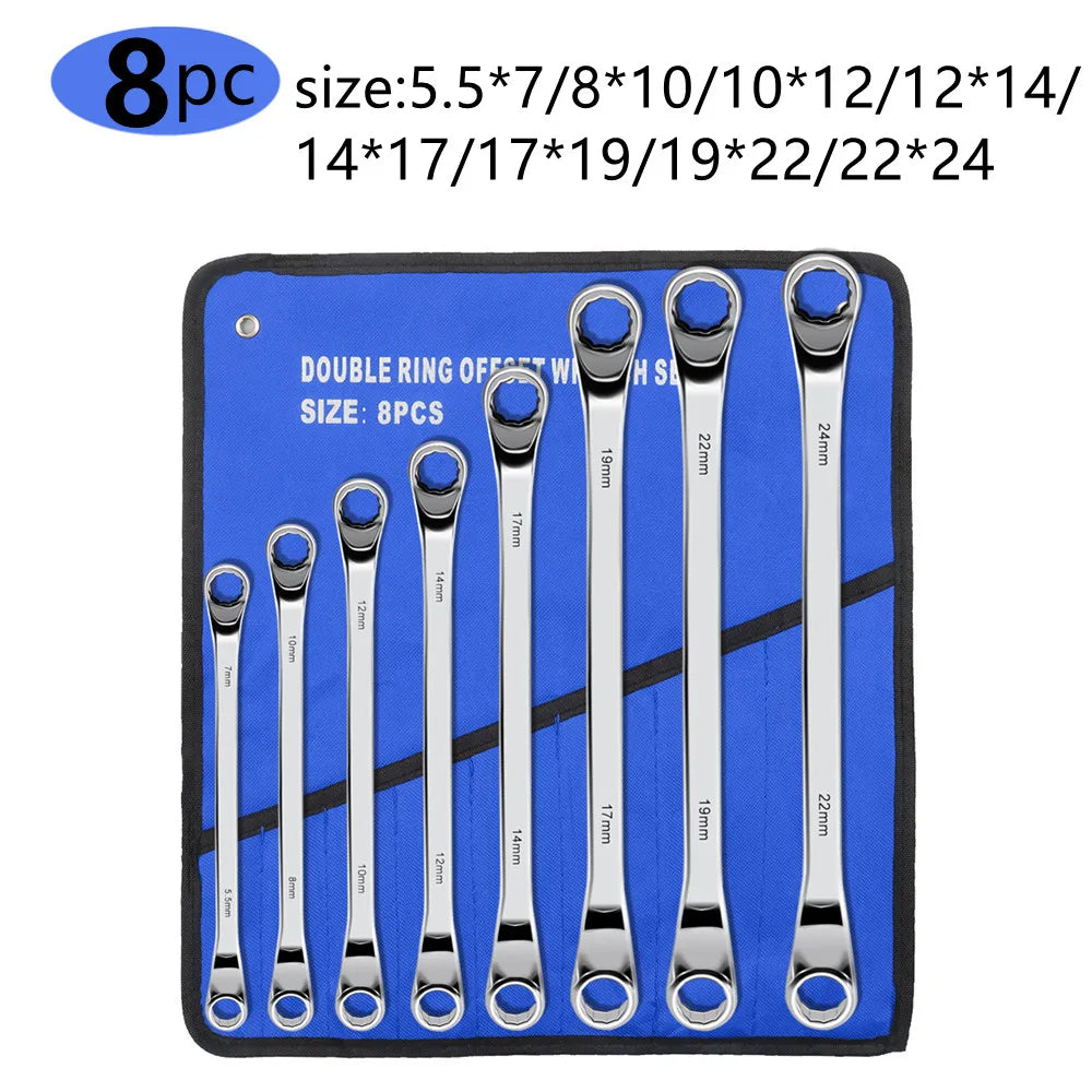 Metric Offset Box End Wrench Set (4–10 Pc) – CR-V Chrome Steel 12-Point Spanners w/ Roll-Up Pouch