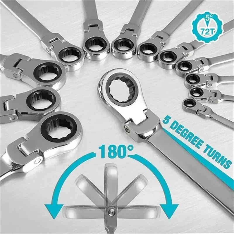 Flex Head Ratcheting Wrench Metric (6mm–18mm) – CR-V 72 Tooth Gear Spanner Combination Tool for Auto Repair & Mechanics