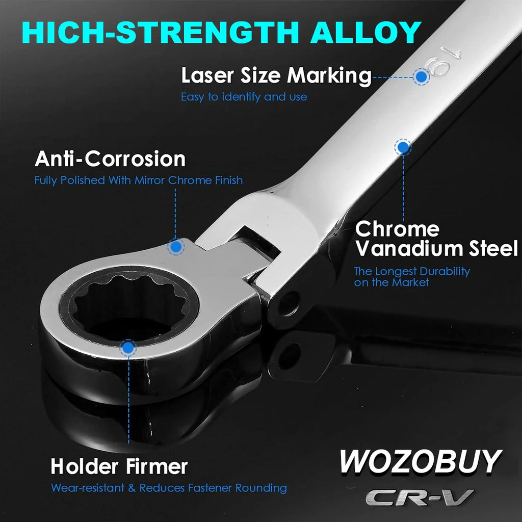 Extra Long Flex-Head Ratcheting Double Box End Wrench, Metric 8-19mm