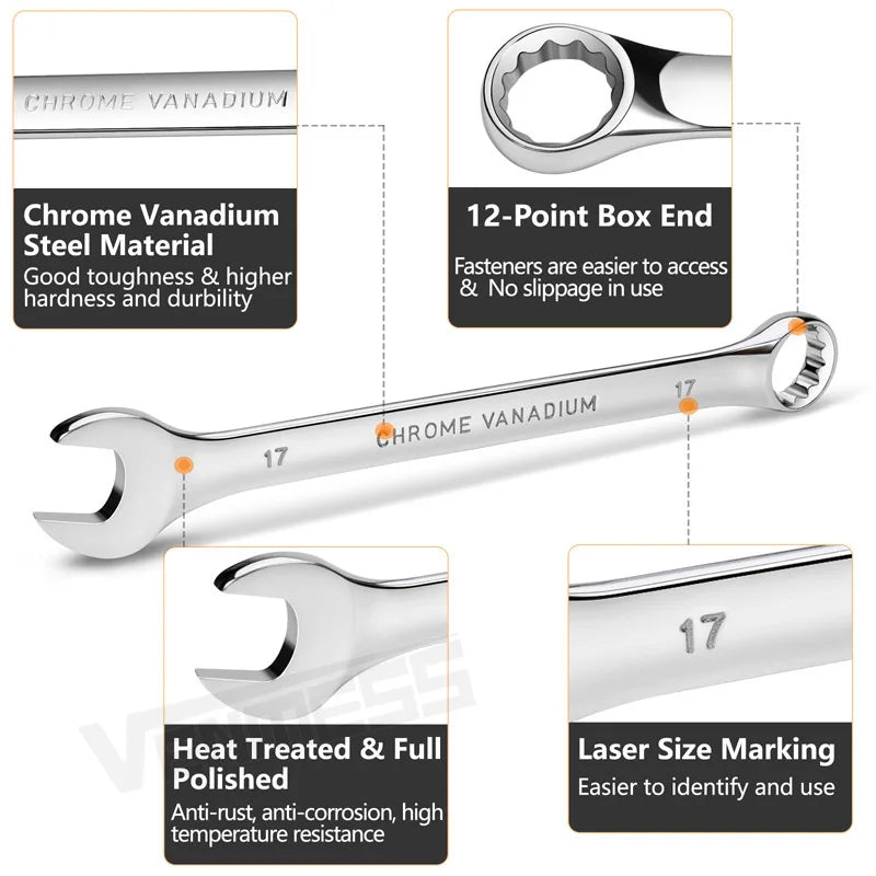 Metric Combination Wrench Set (7–14 Pc) CR-V Steel 8–24mm Spanner Set w/ Roll-Up Pouch for Auto Repair & Mechanics