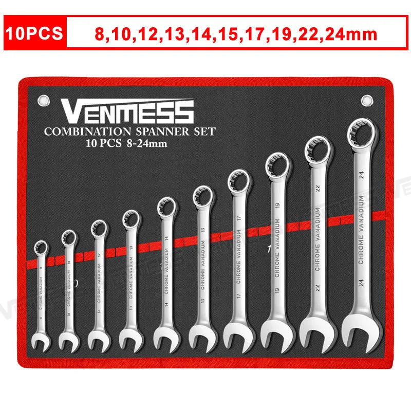 Metric Combination Wrench Set (7–14 Pc) CR-V Steel 8–24mm Spanner Set w/ Roll-Up Pouch for Auto Repair & Mechanics