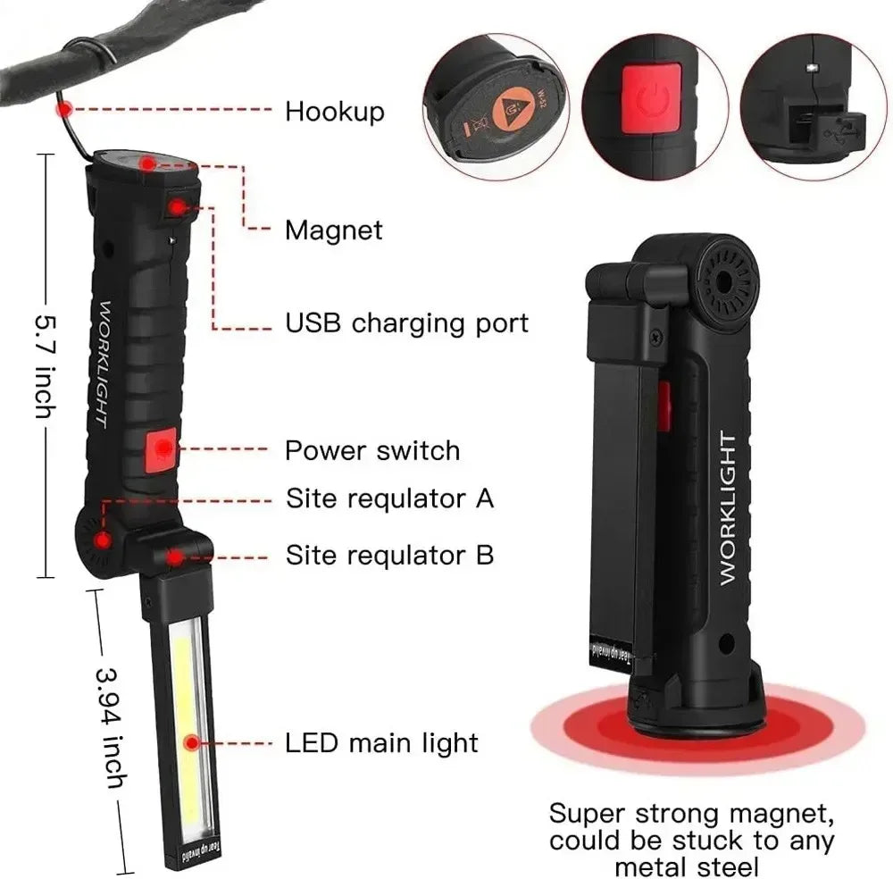 Rechargeable LED Work Light Flashlight w/ Magnetic Base, Foldable Portable Lamp, Waterproof, High/Low Modes