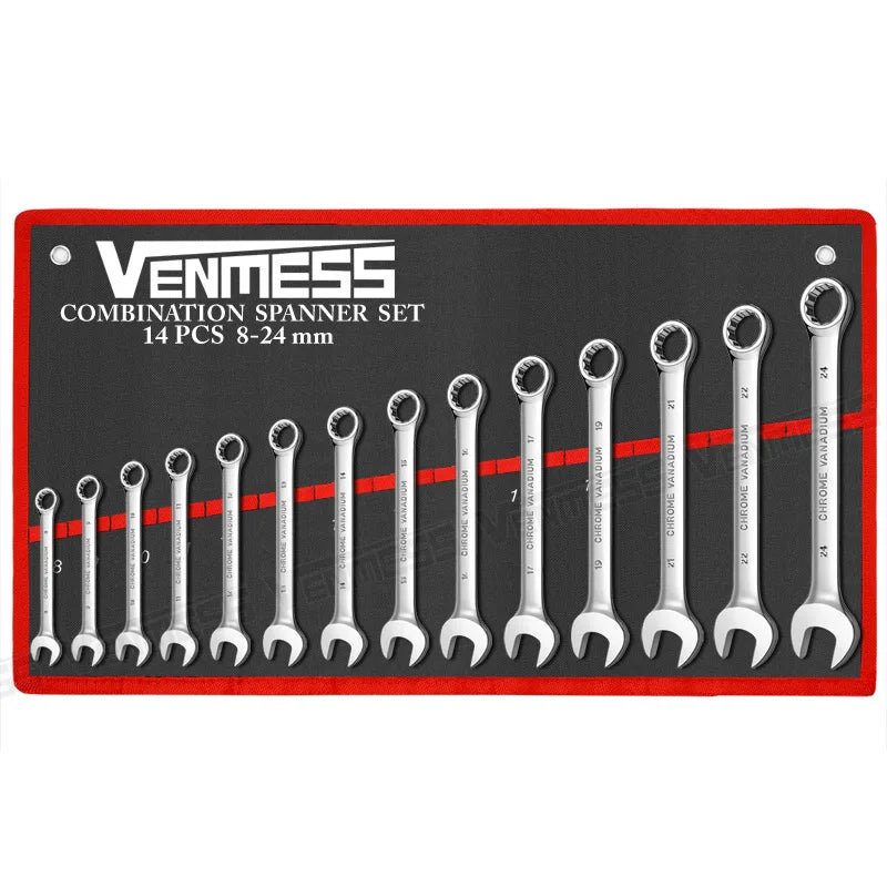 Metric Combination Wrench Set (7–14 Pc) CR-V Steel 8–24mm Spanner Set w/ Roll-Up Pouch for Auto Repair & Mechanics
