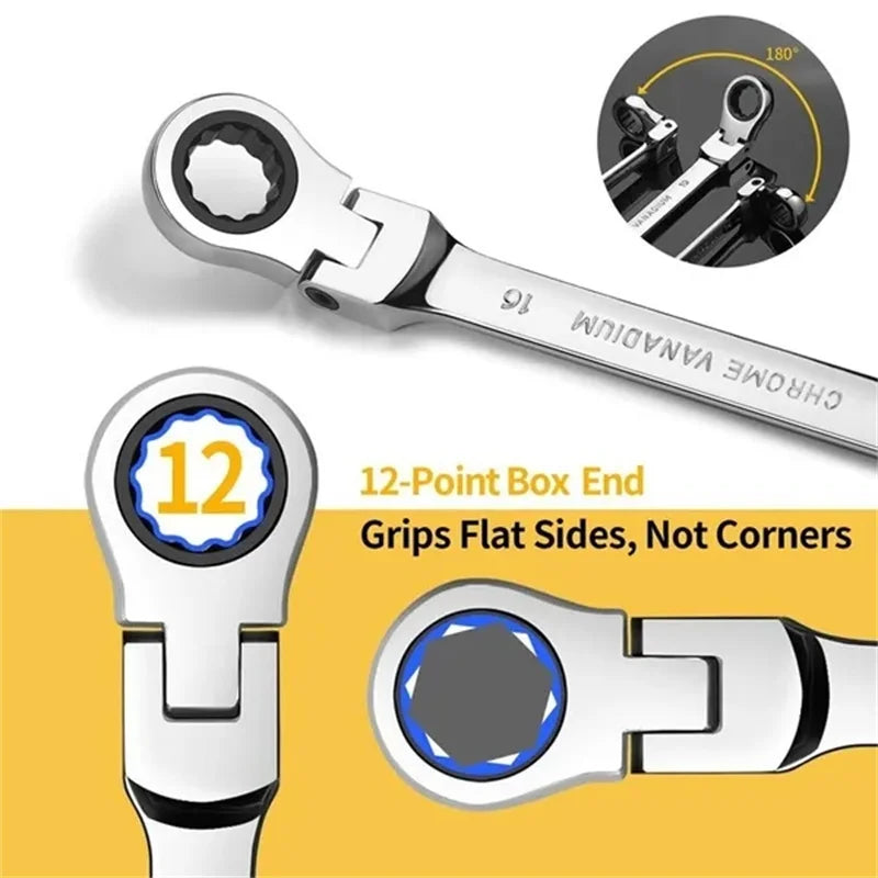 Flex Head Ratcheting Wrench Metric (6mm–18mm) – CR-V 72 Tooth Gear Spanner Combination Tool for Auto Repair & Mechanics