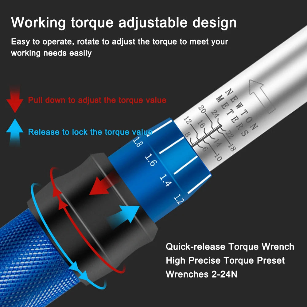 1/4” Drive Adjustable Torque Wrench Set (2–24N·m) | 72-Tooth CR-V Steel Precision Ratchet Kit with 13 Bits & Storage Case
