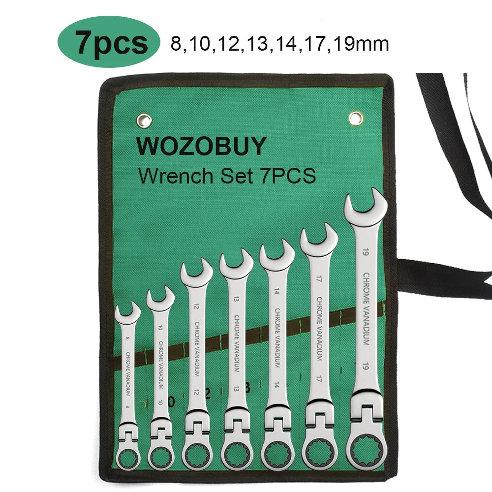 Ratcheting Flex-Head Wrench Set 8-22mm Combination With Canvas Bag