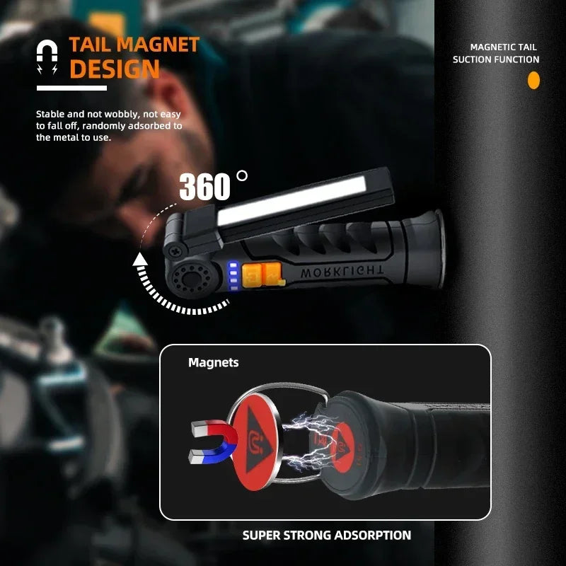Rechargeable LED Flashlight Work Light with Magnet & Hook, Waterproof!