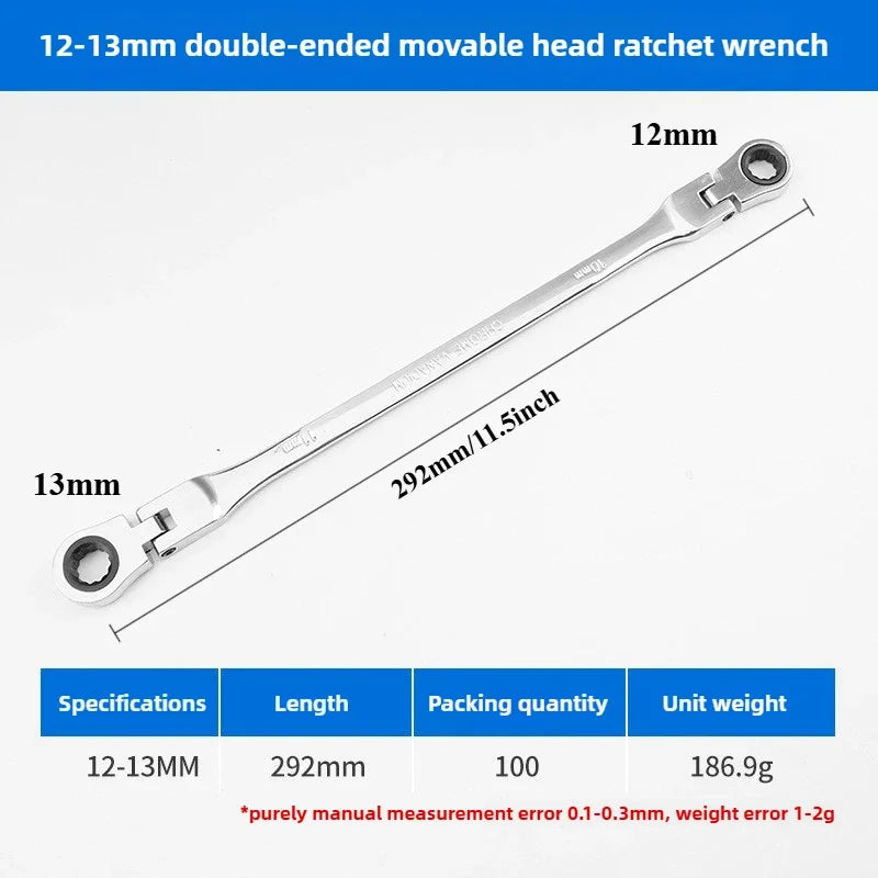 Flexible Head Ratcheting Wrench Double Box End Cr-V Steel Long Reach Auto Repair Tool
