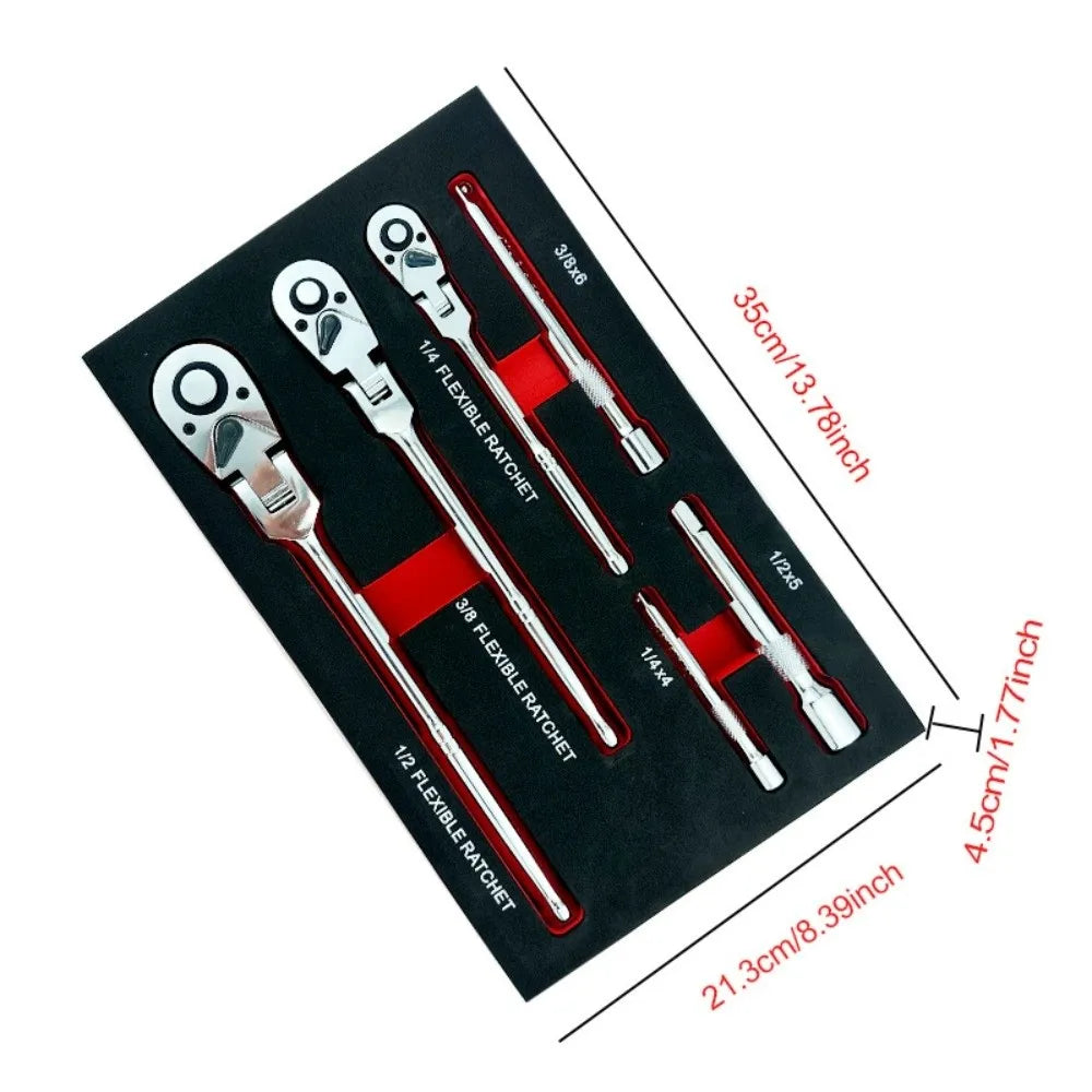 6-Piece Flex Head Ratchet Wrench Set | 72-Tooth Chromium Vanadium Steel | 1/4” 3/8” 1/2” Drive Swivel Ratchet Kit With Foam
