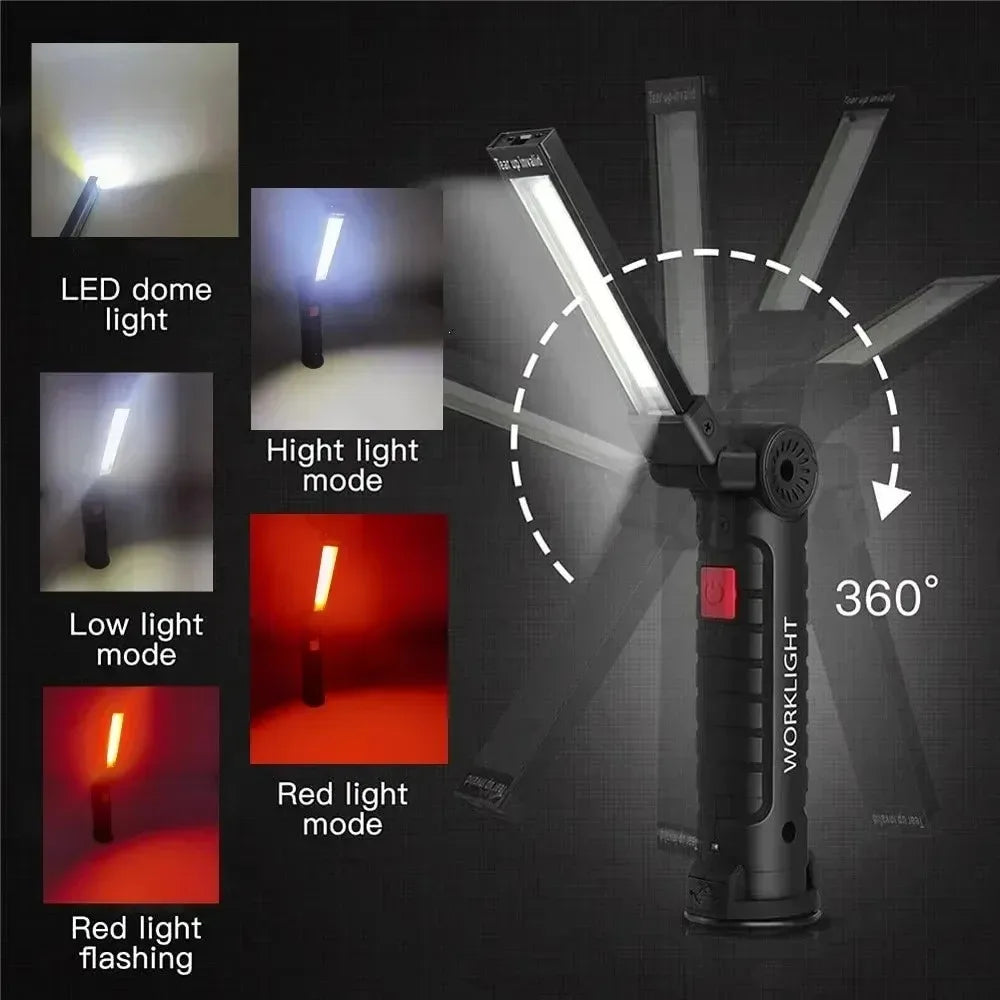 Rechargeable LED Work Light Flashlight w/ Magnetic Base, Foldable Portable Lamp, Waterproof, High/Low Modes
