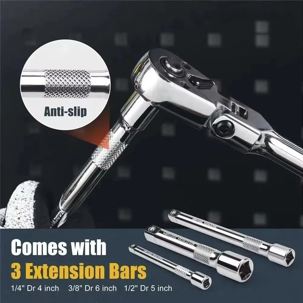6-Piece Flex Head Ratchet Wrench Set | 72-Tooth Chromium Vanadium Steel | 1/4” 3/8” 1/2” Drive Swivel Ratchet Kit With Foam
