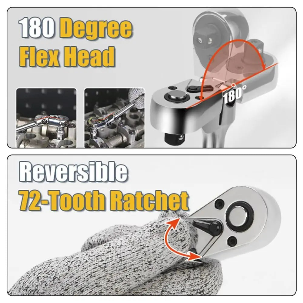 6-Piece Flex Head Ratchet Wrench Set | 72-Tooth Chromium Vanadium Steel | 1/4” 3/8” 1/2” Drive Swivel Ratchet Kit With Foam