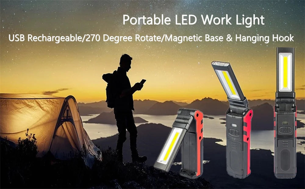 Rechargeable LED Work Light COB Magnetic Folding 270° Inspection Lamp Torch Hook Garage Camping Light