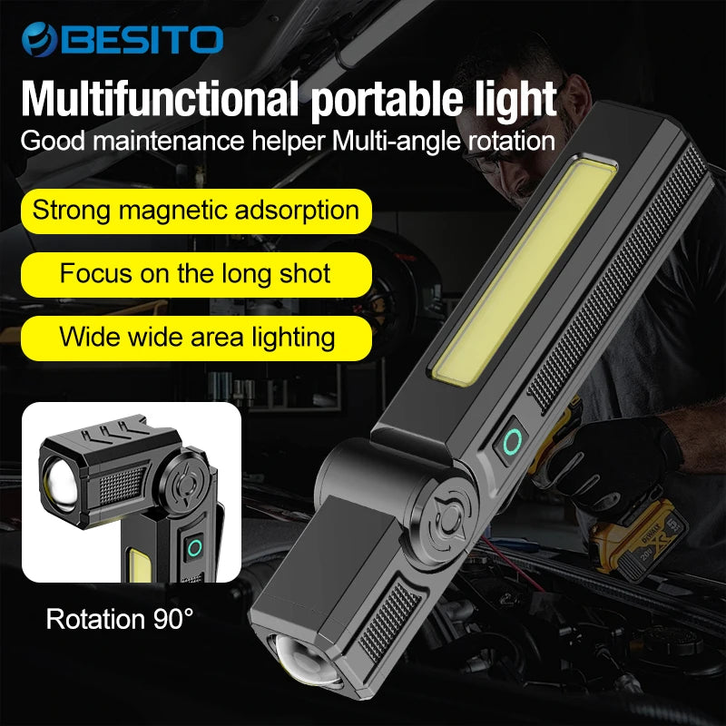 Multifunctional USB Rechargeable Flashlight with Magnet Powerful COB LED Work Light Waterproof Torch