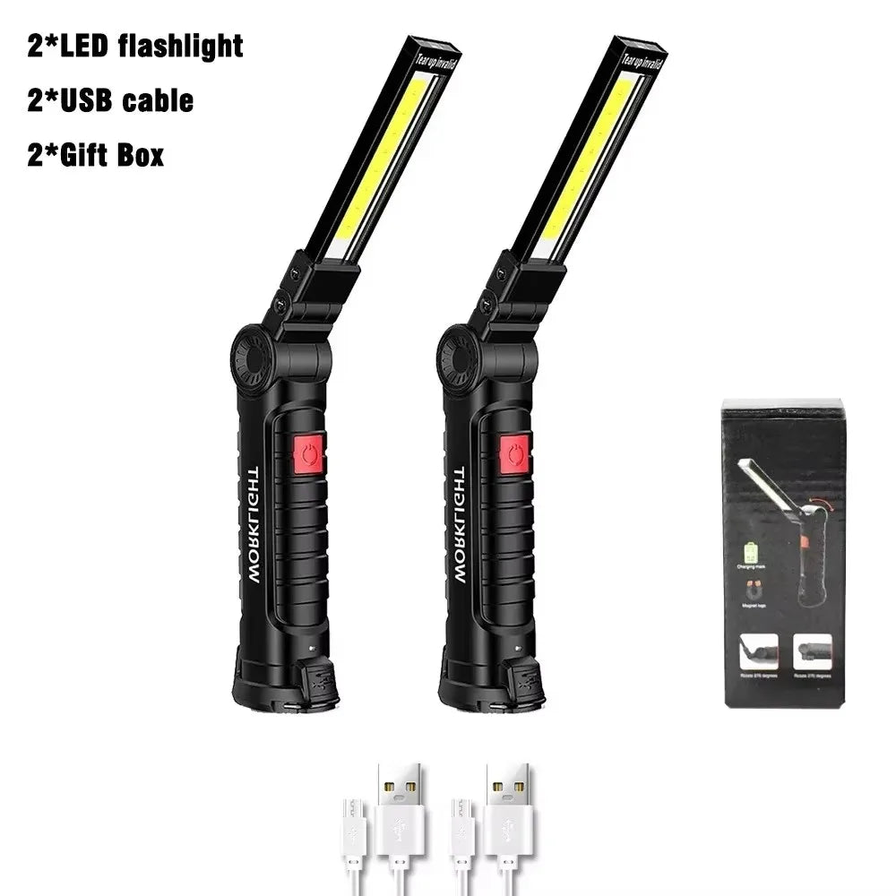 Rechargeable LED Work Light Flashlight w/ Magnetic Base, Foldable Portable Lamp, Waterproof, High/Low Modes