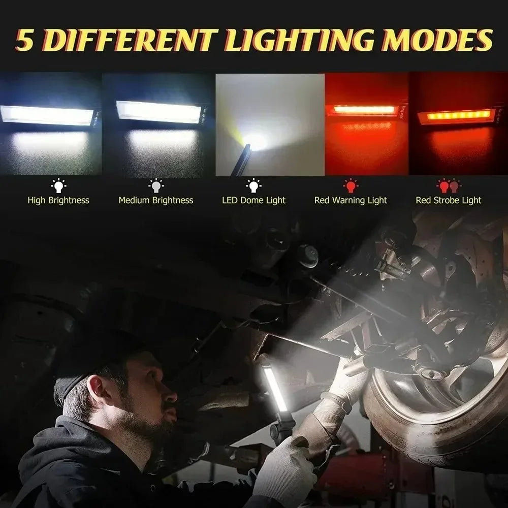 Rechargeable LED Work Light Flashlight w/ Magnetic Base, Foldable Portable Lamp, Waterproof, High/Low Modes