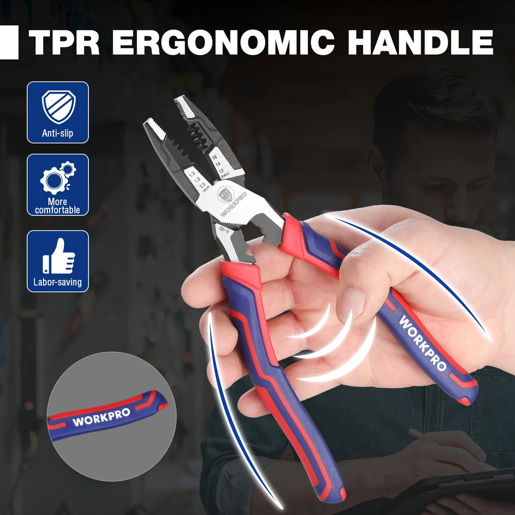 WORKPRO 8" Linesman Pliers – CR-V Heavy Duty Wire Cutter & Stripper with Comfort Grip Handles