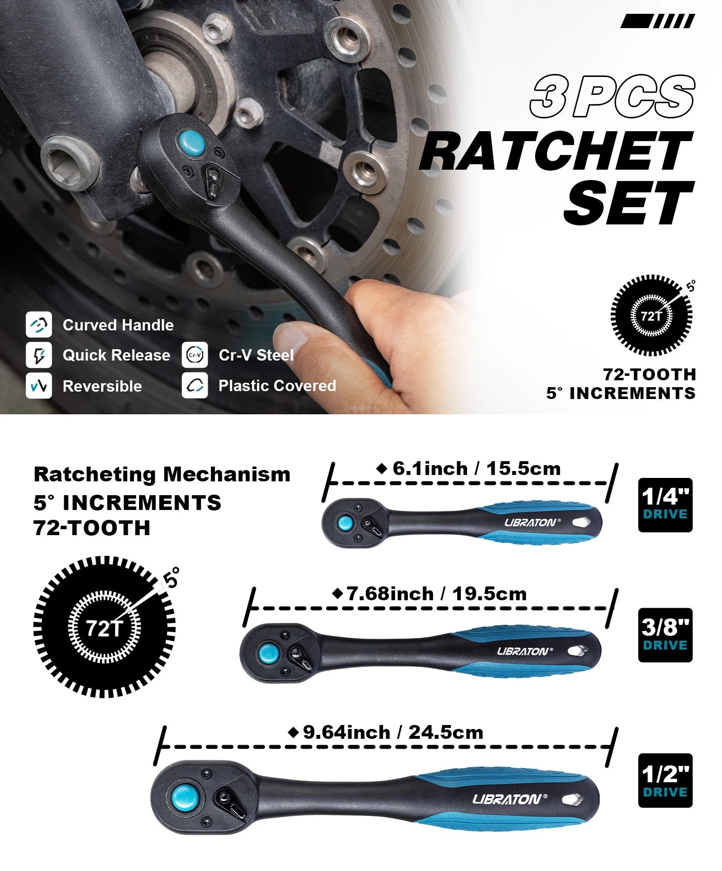 LIBRATON 3-Piece Ratchet Wrench Set | 1/4” 3/8” 1/2” Drive, 72-Tooth Quick Release Chrome Vanadium Steel with EVA Organizer