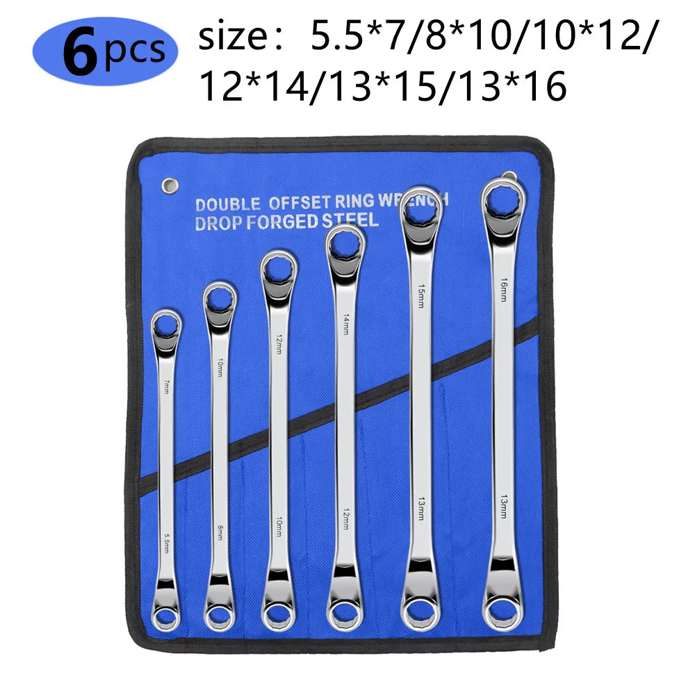 Metric Offset Box End Wrench Set (4–10 Pc) – CR-V Chrome Steel 12-Point Spanners w/ Roll-Up Pouch