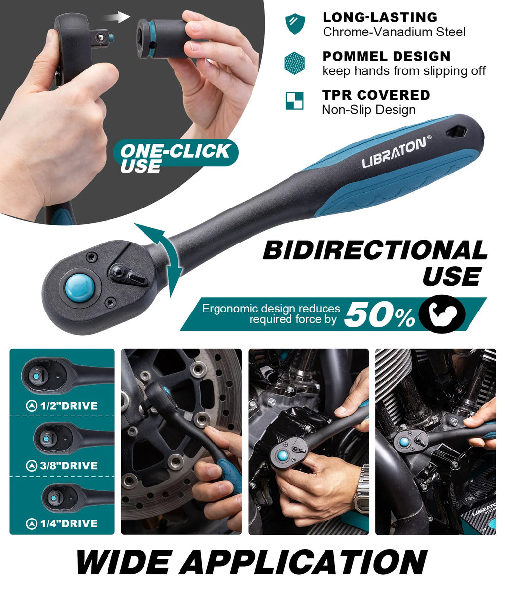 LIBRATON 3-Piece Ratchet Wrench Set | 1/4” 3/8” 1/2” Drive, 72-Tooth Quick Release Chrome Vanadium Steel with EVA Organizer