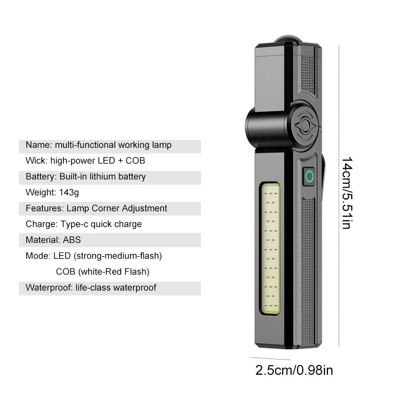 Multifunctional USB Rechargeable Flashlight with Magnet Powerful COB LED Work Light Waterproof Torch