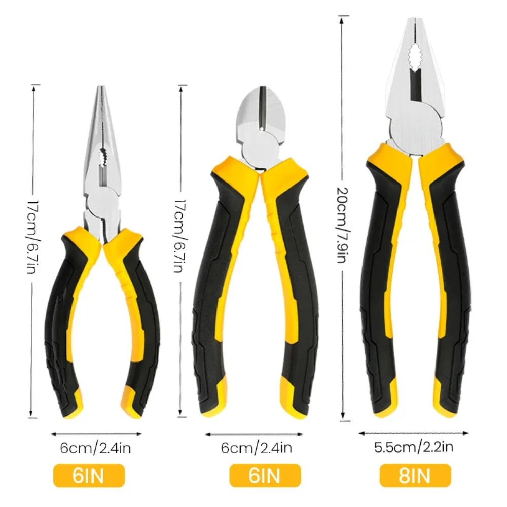 3-Piece Pliers Set – 8" Wire, 6" Long Nose & Diagonal Cutter, Stainless Steel Electrician & DIY Hand Tools