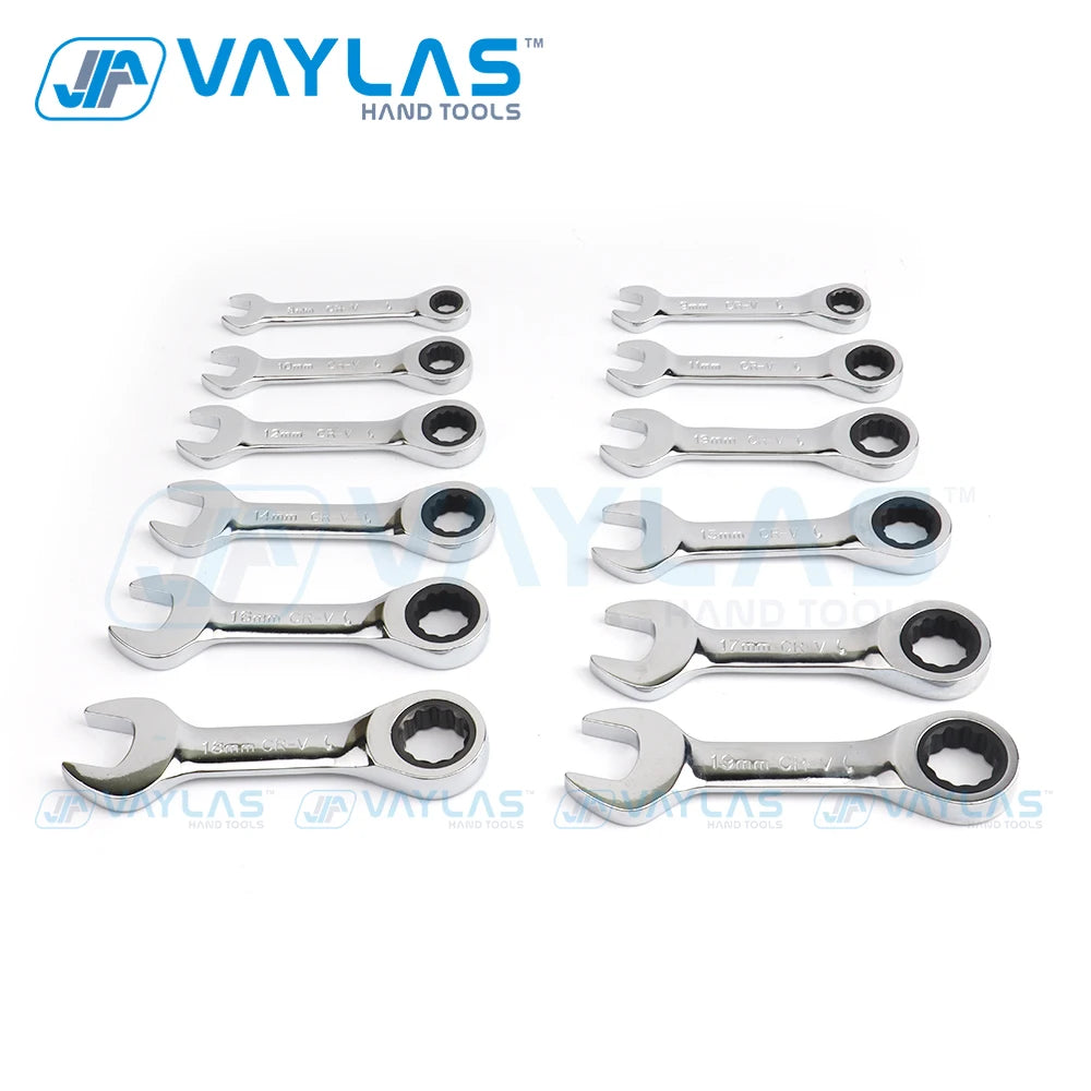 Stubby Ratcheting Wrench | Fixed & Flex Head | 72-Tooth CR-V Steel | 6–19mm
