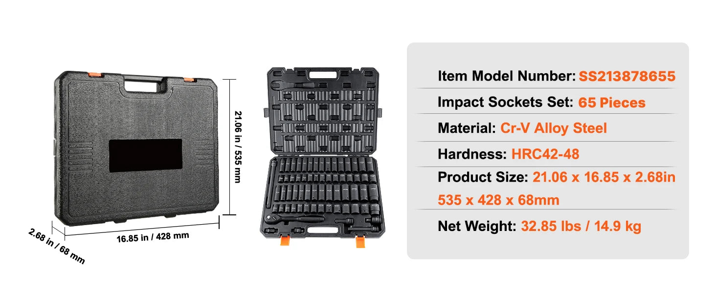 1/2" Drive Impact Socket Set 6 Point Cr-V Cr-Mo Metric SAE Auto Repair Kit 23–65Pc