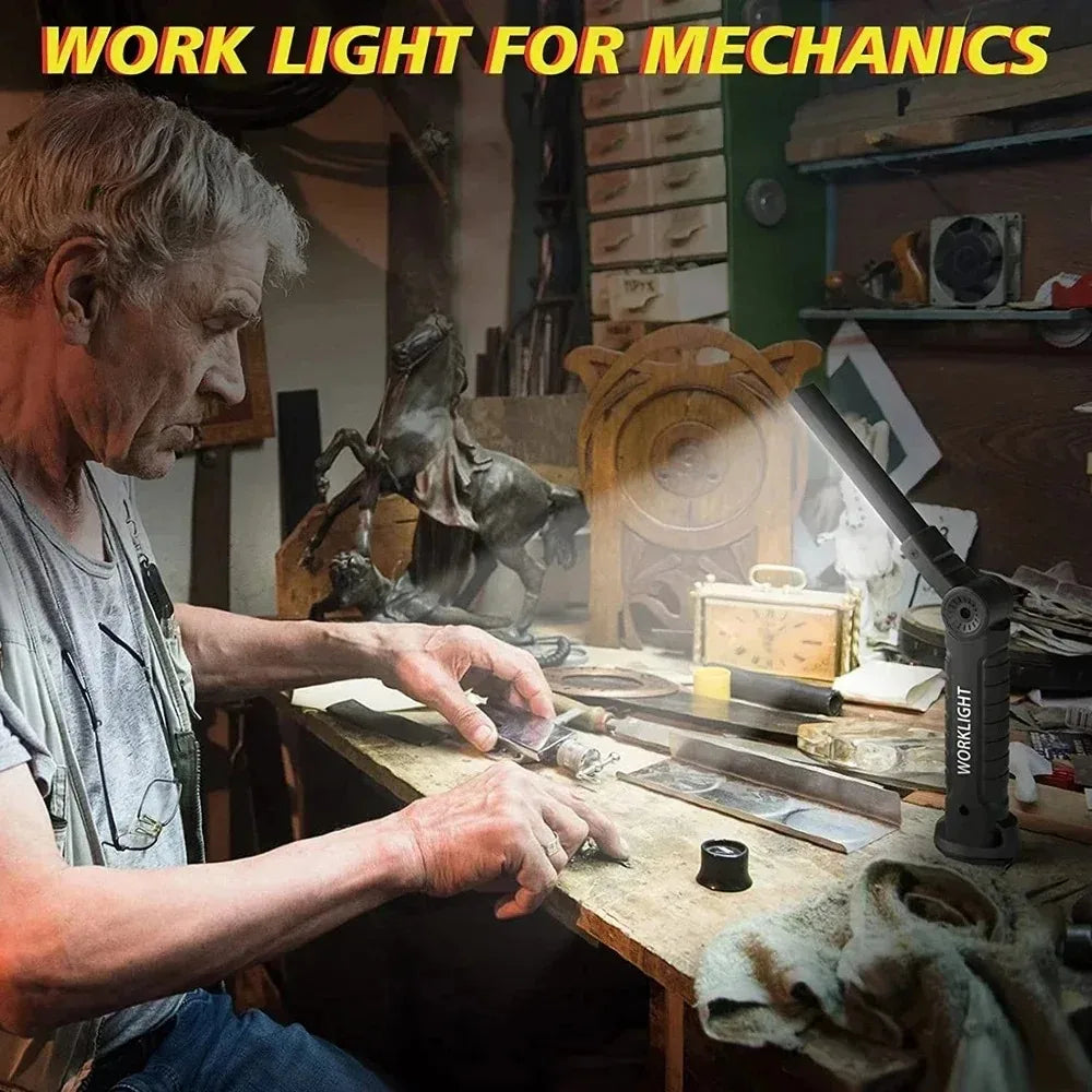 Rechargeable LED Work Light Flashlight w/ Magnetic Base, Foldable Portable Lamp, Waterproof, High/Low Modes