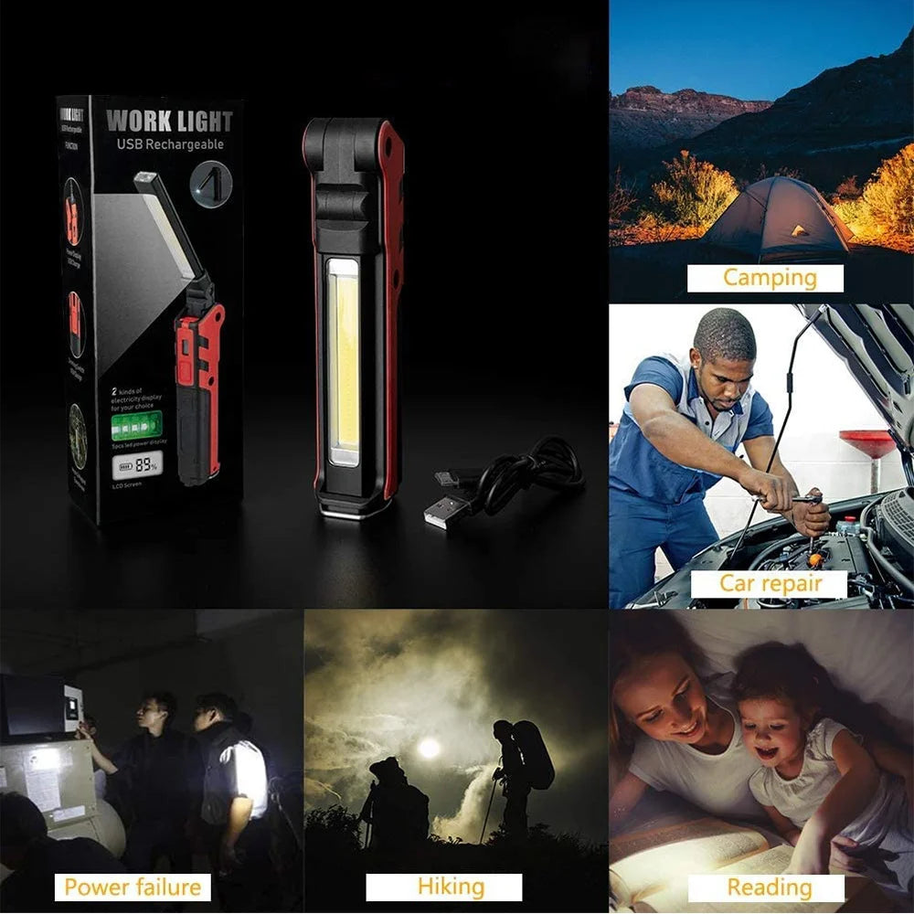 Rechargeable LED Work Light COB Magnetic Folding 270° Inspection Lamp Torch Hook Garage Camping Light