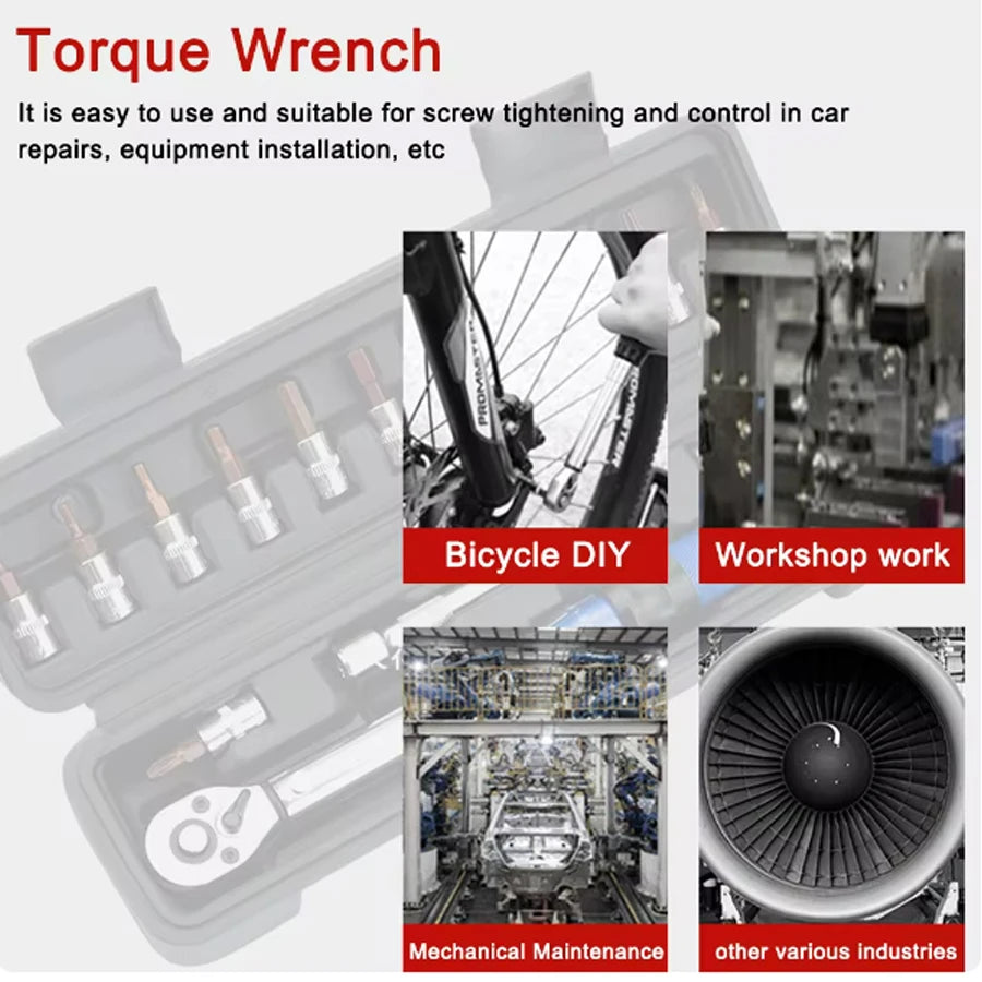 1/4” Drive Adjustable Torque Wrench Set (2–24N·m) | 72-Tooth CR-V Steel Precision Ratchet Kit with 13 Bits & Storage Case