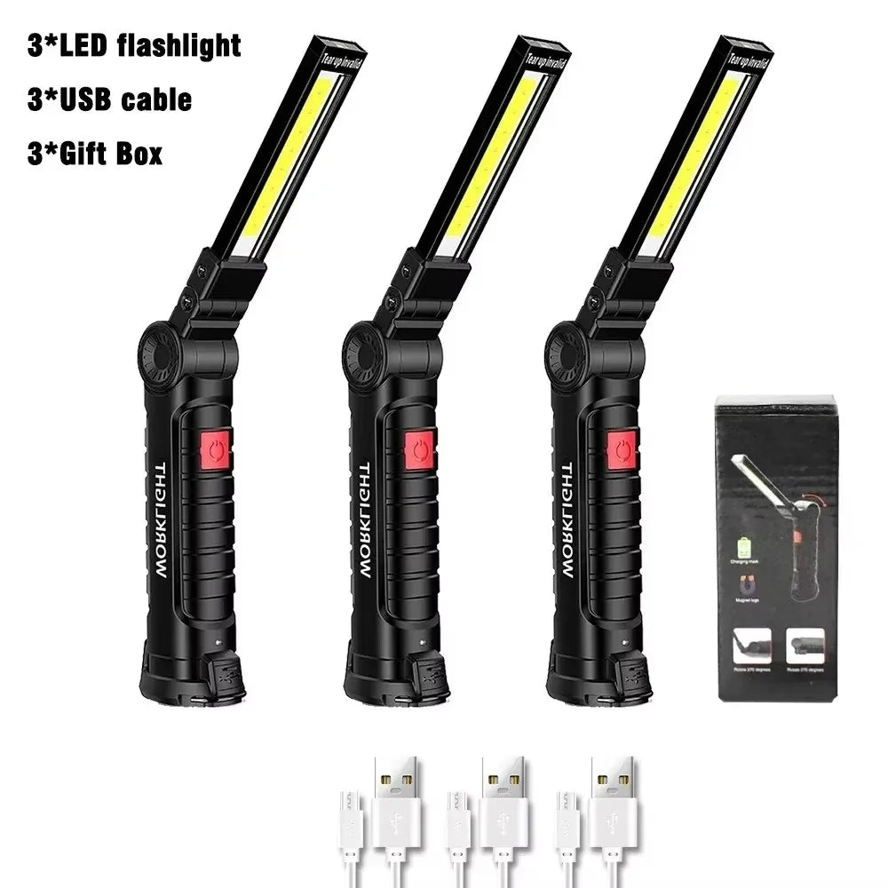 Rechargeable LED Work Light Flashlight w/ Magnetic Base, Foldable Portable Lamp, Waterproof, High/Low Modes