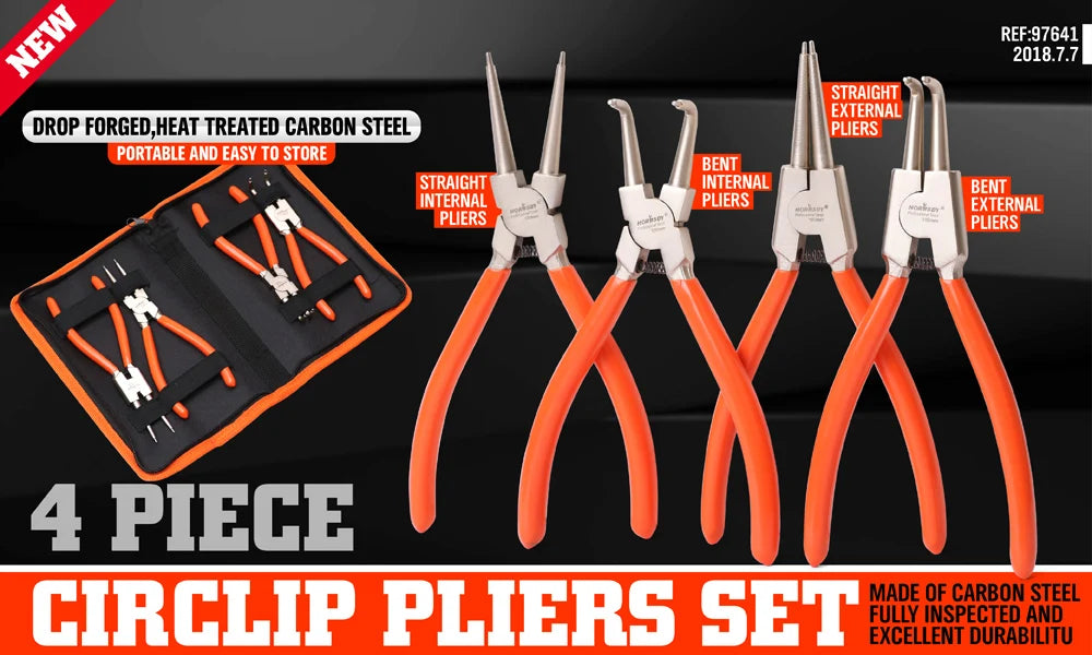4Pc Snap Ring Pliers Set 7” Internal External Circlip Pliers Bent Straight Tip with Storage Bag