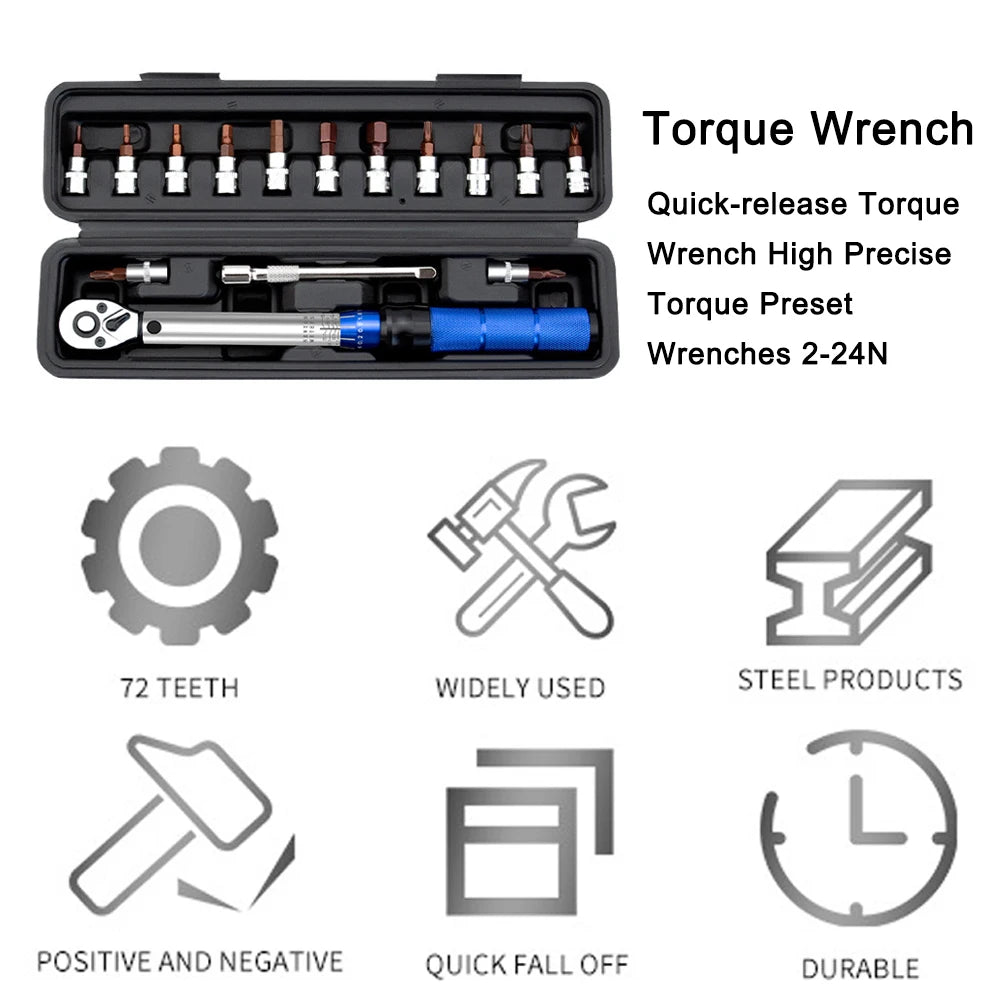 1/4” Drive Adjustable Torque Wrench Set (2–24N·m) | 72-Tooth CR-V Steel Precision Ratchet Kit with 13 Bits & Storage Case