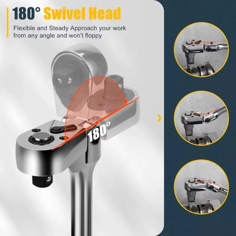 6-Piece Flex Head Ratchet Wrench Set | 72-Tooth Chromium Vanadium Steel | 1/4” 3/8” 1/2” Drive Swivel Ratchet Kit With Foam
