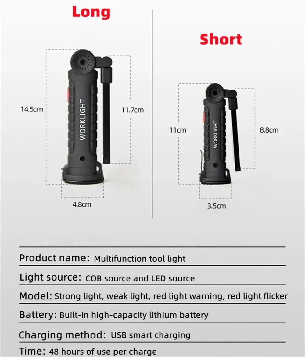 Rechargeable LED Work Light Flashlight w/ Magnetic Base, Foldable Portable Lamp, Waterproof, High/Low Modes