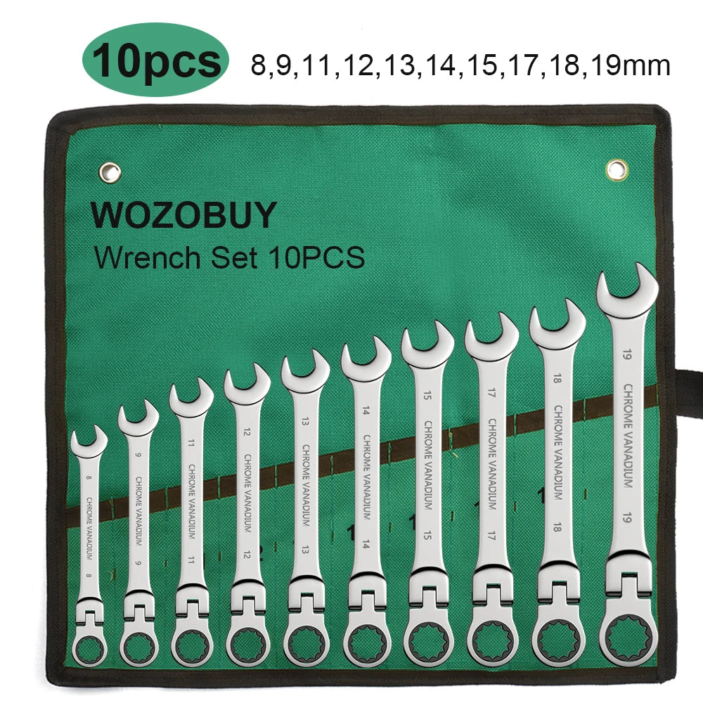 Ratcheting Flex-Head Wrench Set 8-22mm Combination With Canvas Bag