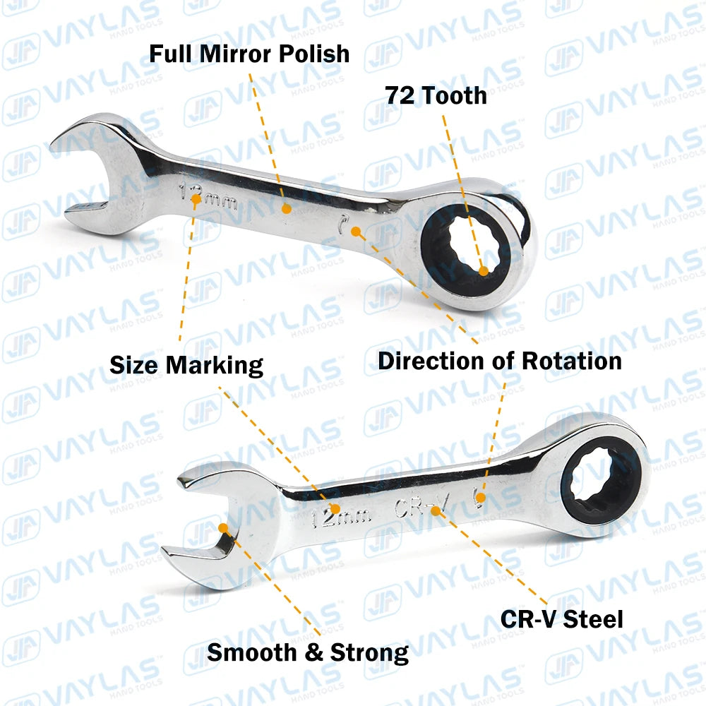 Stubby Ratcheting Wrench | Fixed & Flex Head | 72-Tooth CR-V Steel | 6–19mm