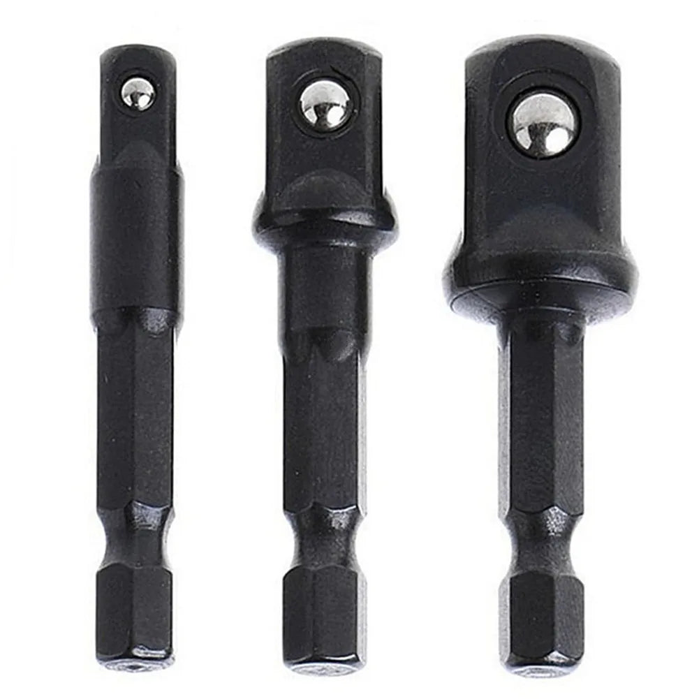 3Pc Drill Socket Adapter Set 1/4 3/8 1/2 Impact Extension Bar Hex Shank Cr-V Nut Driver Kit