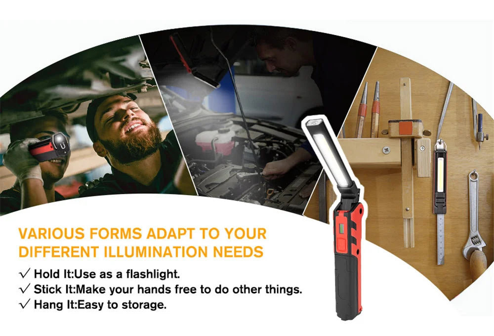 Rechargeable LED Work Light COB Magnetic Folding 270° Inspection Lamp Torch Hook Garage Camping Light