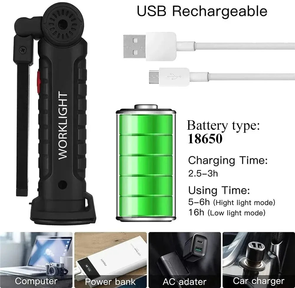 Rechargeable LED Work Light Flashlight w/ Magnetic Base, Foldable Portable Lamp, Waterproof, High/Low Modes