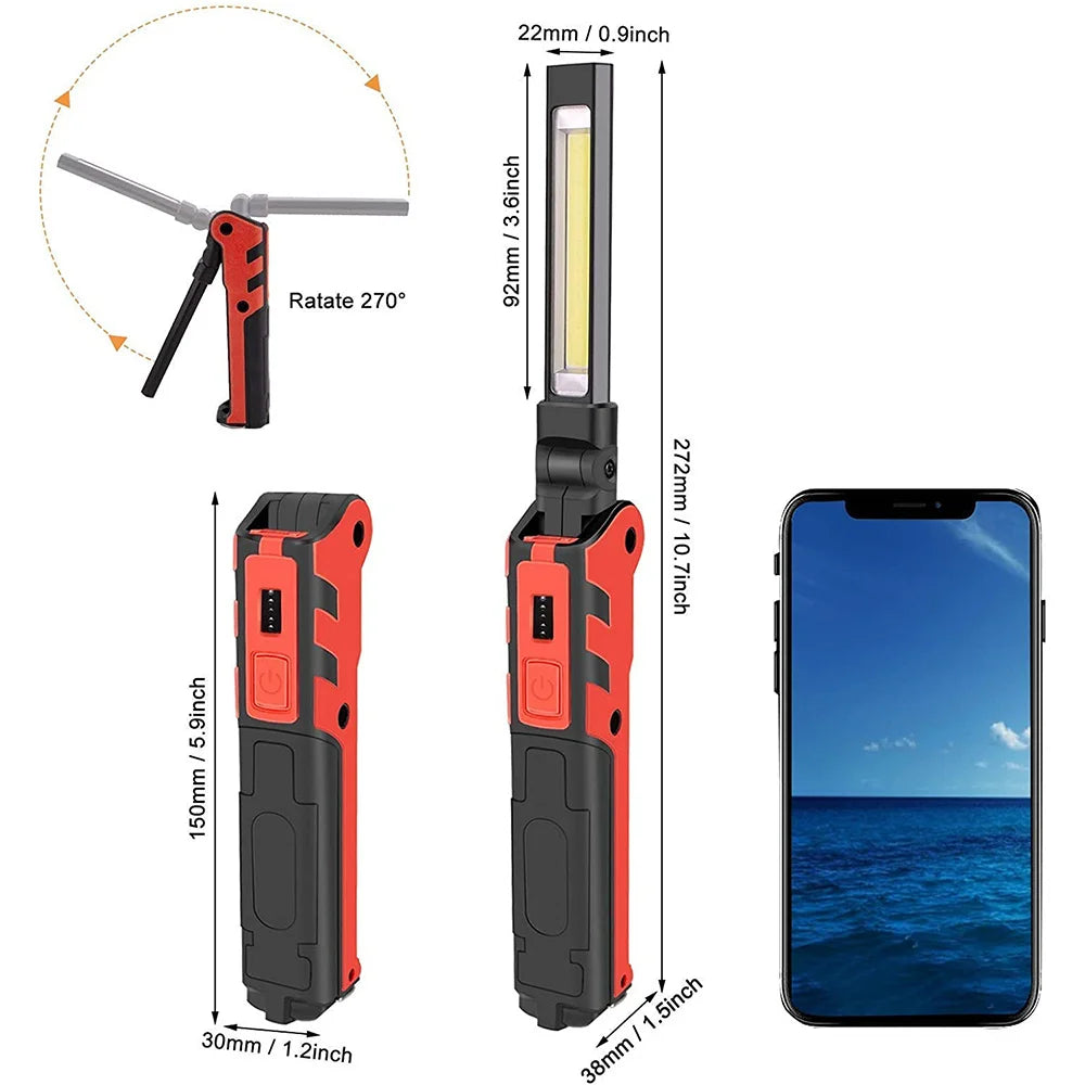 Rechargeable LED Work Light COB Magnetic Folding 270° Inspection Lamp Torch Hook Garage Camping Light