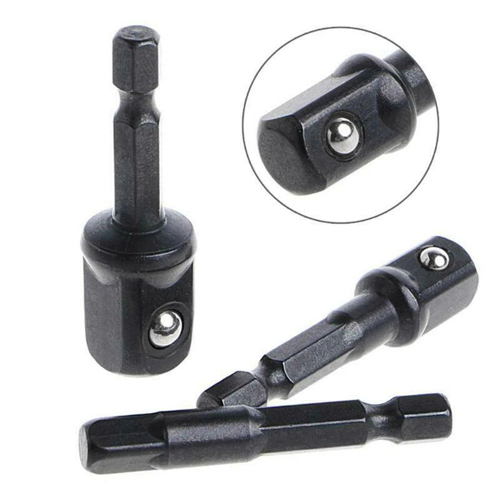 3Pc Drill Socket Adapter Set 1/4 3/8 1/2 Impact Extension Bar Hex Shank Cr-V Nut Driver Kit