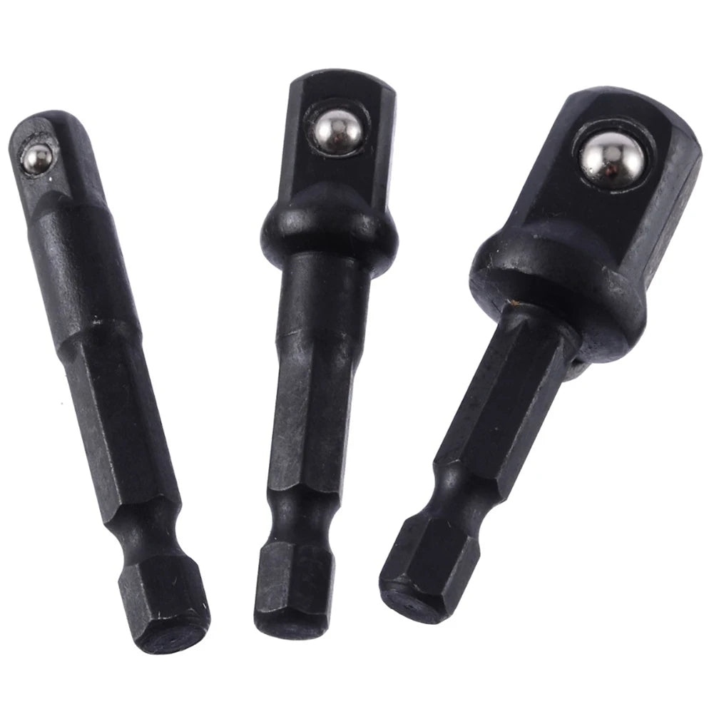 3Pc Drill Socket Adapter Set 1/4 3/8 1/2 Impact Extension Bar Hex Shank Cr-V Nut Driver Kit