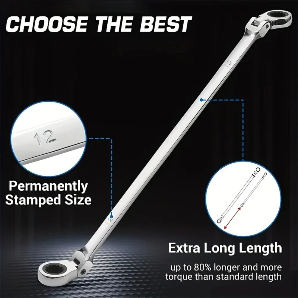Flexible Head Ratcheting Wrench Double Box End Cr-V Steel Long Reach Auto Repair Tool
