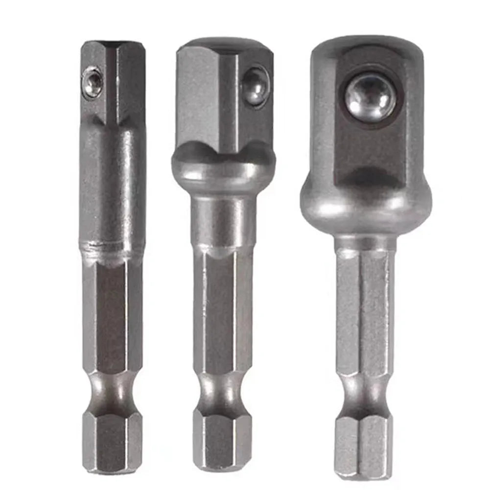 3Pc Drill Socket Adapter Set 1/4 3/8 1/2 Impact Extension Bar Hex Shank Cr-V Nut Driver Kit
