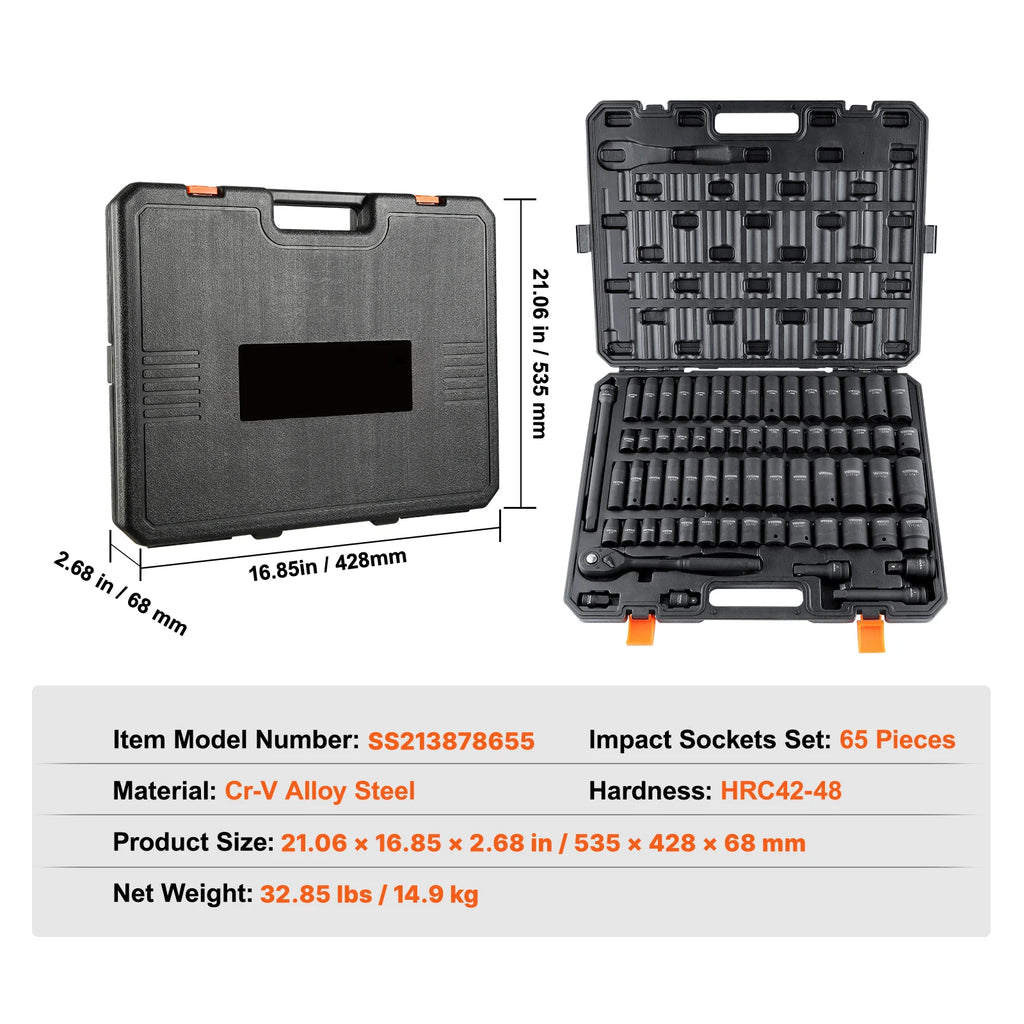 1/2" Drive Impact Socket Set 6 Point Cr-V Cr-Mo Metric SAE Auto Repair Kit 23–65Pc