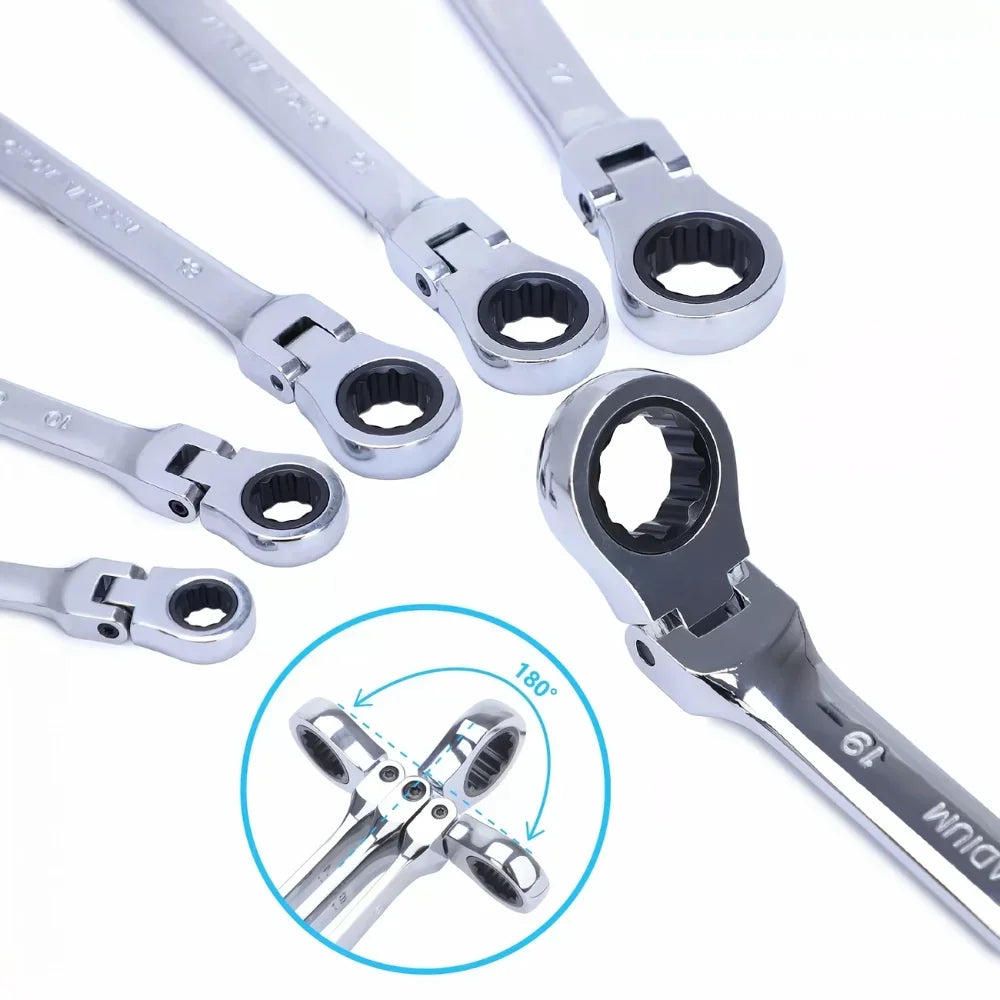 Flexible Head Ratcheting Wrench Double Box End Cr-V Steel Long Reach Auto Repair Tool