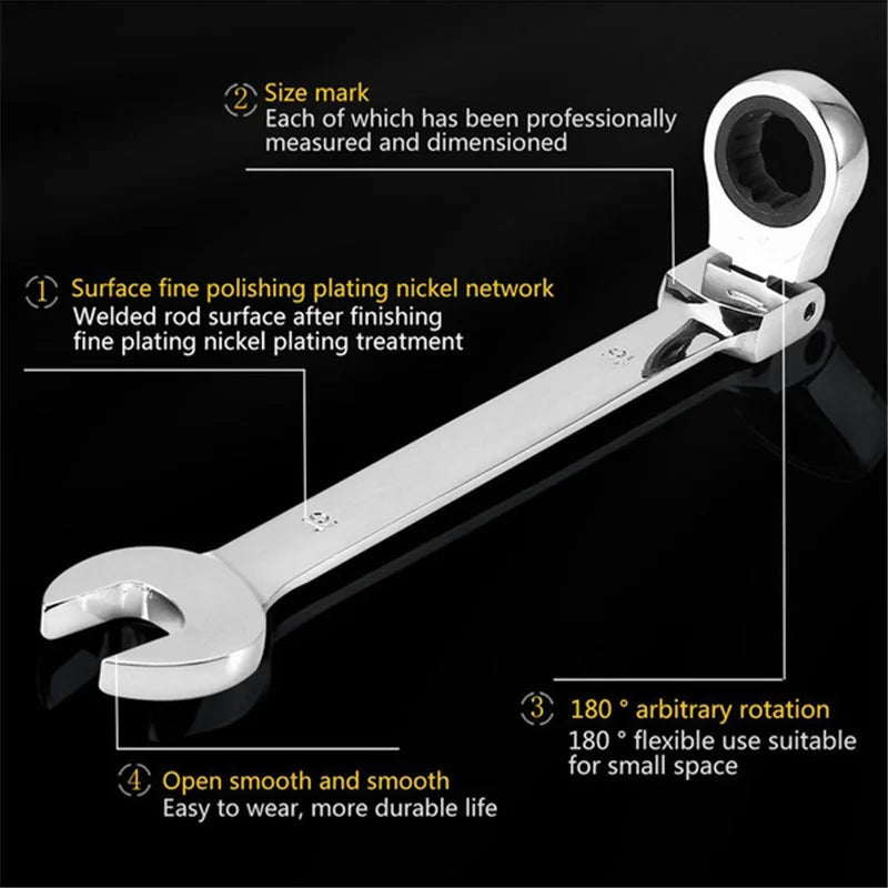 Flex Head Ratcheting Wrench Metric (6mm–18mm) – CR-V 72 Tooth Gear Spanner Combination Tool for Auto Repair & Mechanics