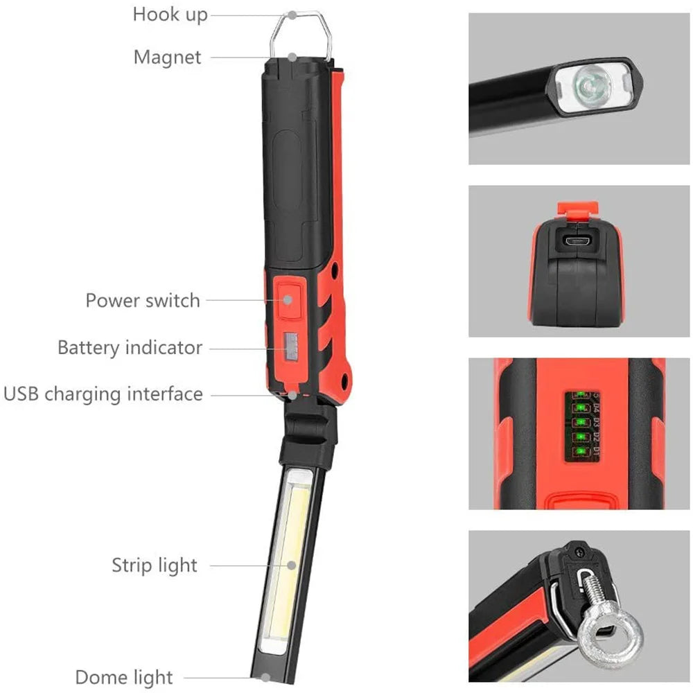 Rechargeable LED Work Light COB Magnetic Folding 270° Inspection Lamp Torch Hook Garage Camping Light